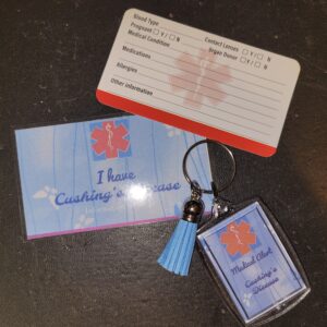 Laminated card and matching keychain for Cushings